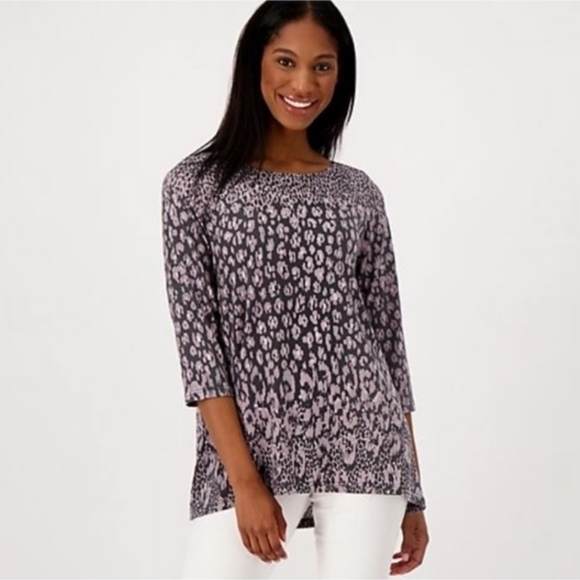 Belle by Kim Gravel Women's Top 1X Hi-Low Purple Animal Print Slinky Knit Tunic - Picture 1 of 8